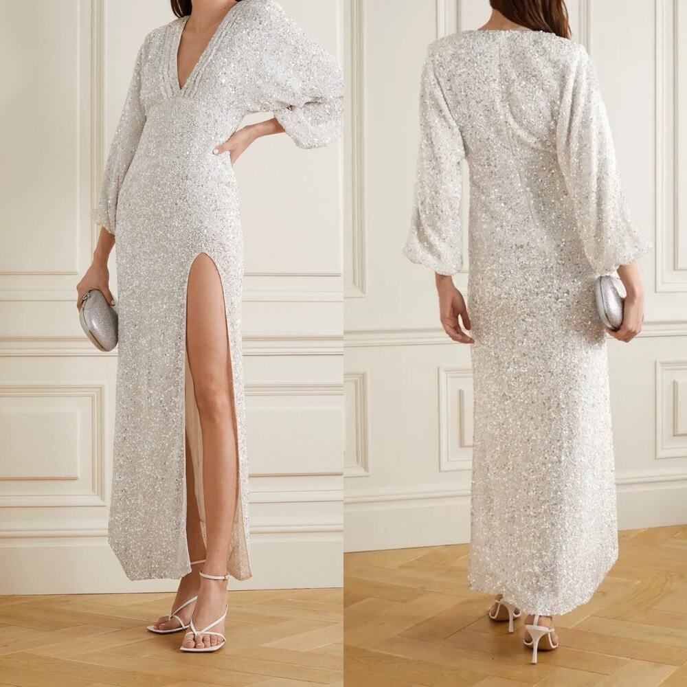 Retrofête White Sequin Maxi Dress XS NWT Bridal Wedding Reception Gown Slit - Picture 4 of 10